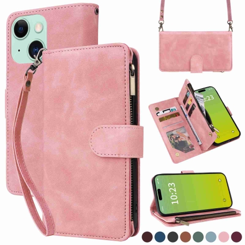 

For iPhone 15 Plus Crossbody Multi-card Slot Wallet Zipper Leather Phone Case(Pink)