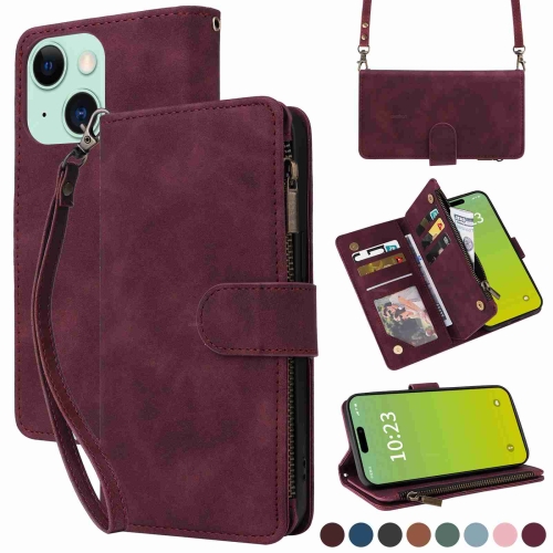 

For iPhone 15 Crossbody Multi-card Slot Wallet Zipper Leather Phone Case(Wine Red)