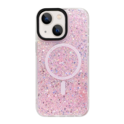 

For iPhone 15 Plus Gold Armor MagSafe Glitter Epoxy Phone Case(Pink)
