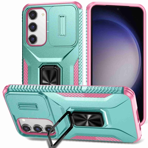 

For Samsung Galaxy S23+ 5G Sliding Camshield Holder Phone Case(Grey Green + Pink)