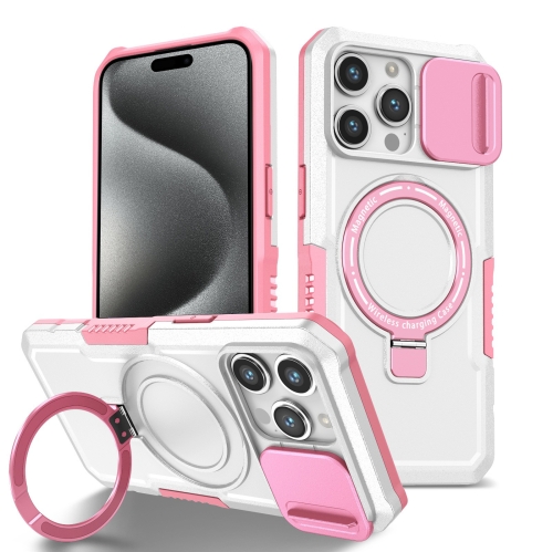 

For iPhone 15 Pro Sliding Camshield Magsafe Holder TPU Hybrid PC Phone Case(Pink White)