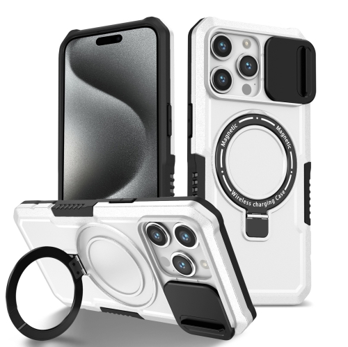 

For iPhone 15 Pro Sliding Camshield Magsafe Holder TPU Hybrid PC Phone Case(Black White)