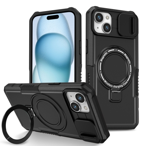 

For iPhone 15 Plus Sliding Camshield Magsafe Holder TPU Hybrid PC Phone Case(Black)