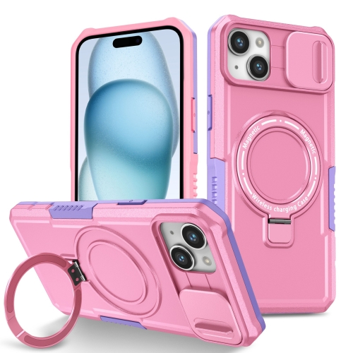 

For iPhone 15 Plus Sliding Camshield Magsafe Holder TPU Hybrid PC Phone Case(Purple Pink)