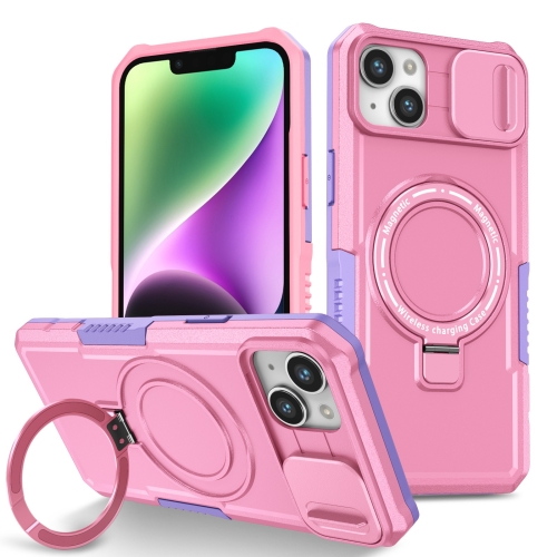 

For iPhone 14 Plus Sliding Camshield Magsafe Holder TPU Hybrid PC Phone Case(Purple Pink)