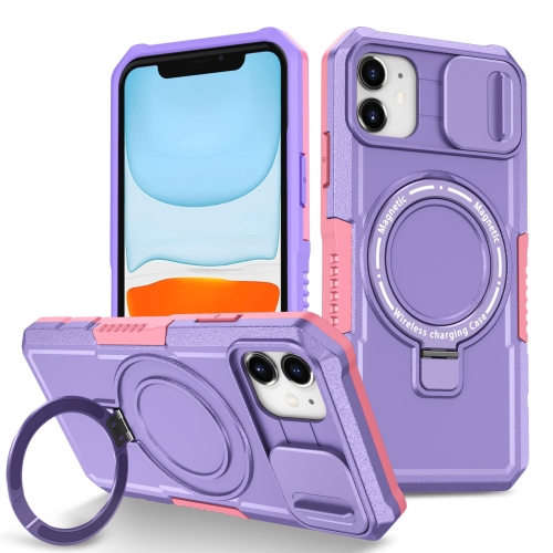 

For iPhone 11 Sliding Camshield Magsafe Holder TPU Hybrid PC Phone Case(Pink Purple)
