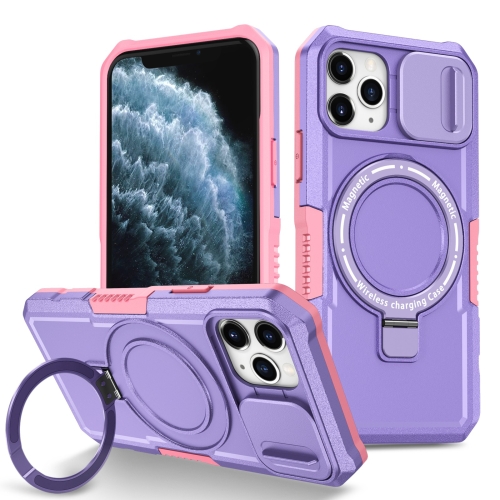 

For iPhone 11 Pro Sliding Camshield Magsafe Holder TPU Hybrid PC Phone Case(Pink Purple)