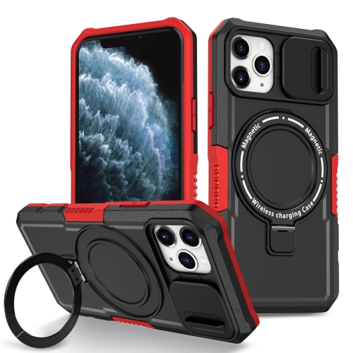 

For iPhone 11 Pro Sliding Camshield Magsafe Holder TPU Hybrid PC Phone Case(Black Red)