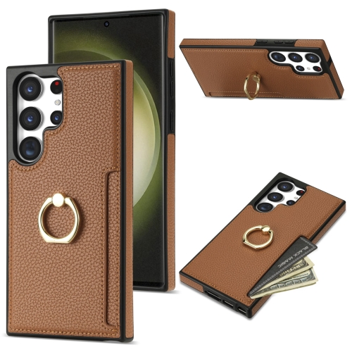 

For Samsung Galaxy S22 Ultra 5G Ring Card Litchi Leather Back Phone Case(Brown)