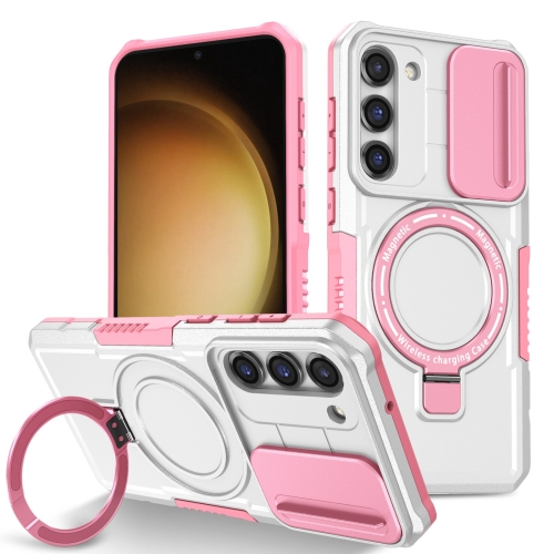 

For Samsung Galaxy S23+ 5G Sliding Camshield Magsafe Holder TPU Hybrid PC Phone Case(Pink White)