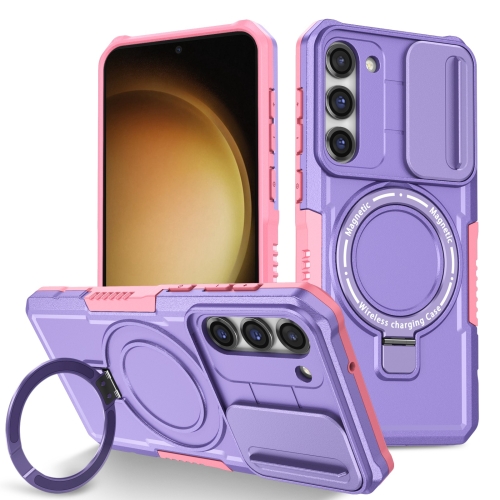 

For Samsung Galaxy S23+ 5G Sliding Camshield Magsafe Holder TPU Hybrid PC Phone Case(Pink Purple)