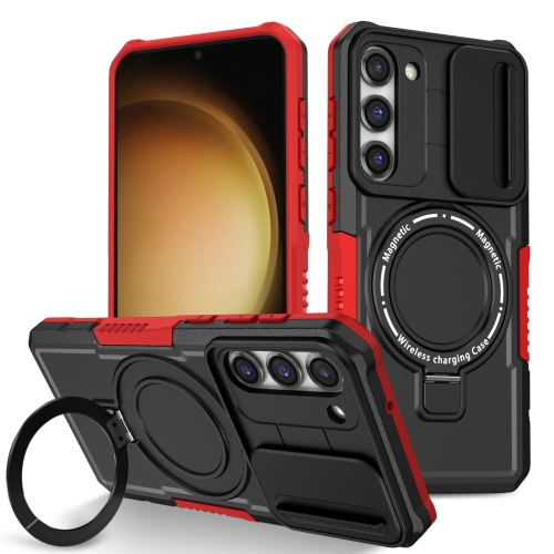 

For Samsung Galaxy S23+ 5G Sliding Camshield Magsafe Holder TPU Hybrid PC Phone Case(Black Red)