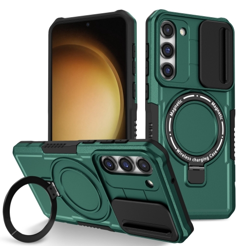 

For Samsung Galaxy S23+ 5G Sliding Camshield Magsafe Holder TPU Hybrid PC Phone Case(Deep Green)