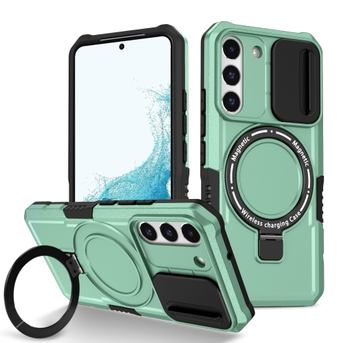 

For Samsung Galaxy S22 5G Sliding Camshield Magsafe Holder TPU Hybrid PC Phone Case(Light Blue)