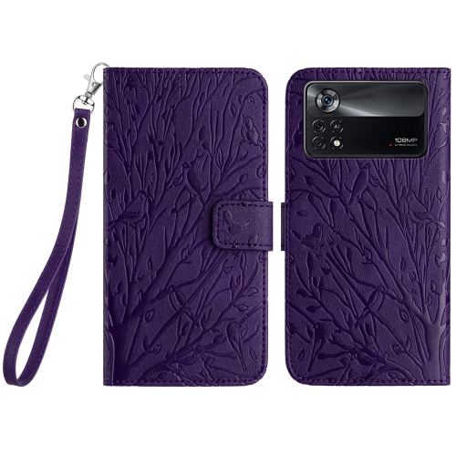 

For Xiaomi Poco X4 Pro 5G Tree Birds Embossed Pattern Leather Phone Case(Purple)