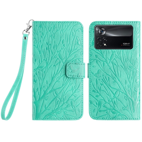 

For Xiaomi Poco X4 Pro 5G Tree Birds Embossed Pattern Leather Phone Case(Green)