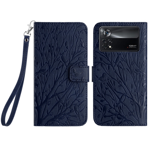 

For Xiaomi Poco X4 Pro 5G Tree Birds Embossed Pattern Leather Phone Case(Blue)