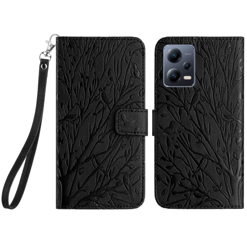 

For Xiaomi Redmi Note 12 5G Global Tree Birds Embossed Pattern Leather Phone Case(Black)
