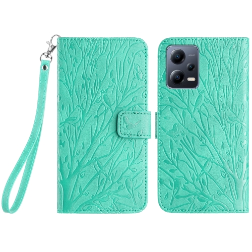 

For Xiaomi Redmi Note 12 5G Global Tree Birds Embossed Pattern Leather Phone Case(Green)