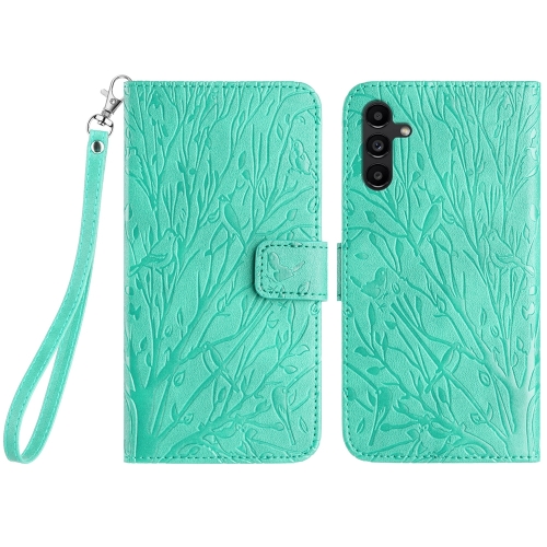 

For Samsung Galaxy S23 FE Tree Birds Embossed Pattern Leather Phone Case(Green)