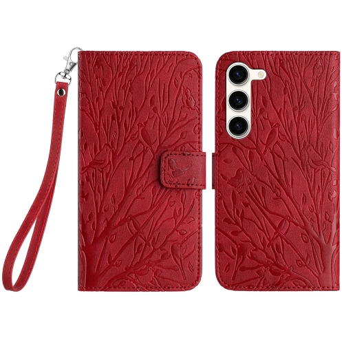 

For Samsung Galaxy S23+ Tree Birds Embossed Pattern Leather Phone Case(Red)