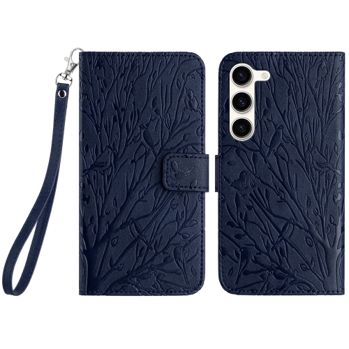 

For Samsung Galaxy S23+ Tree Birds Embossed Pattern Leather Phone Case(Blue)