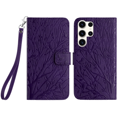 

For Samsung Galaxy S23 Ultra Tree Birds Embossed Pattern Leather Phone Case(Purple)