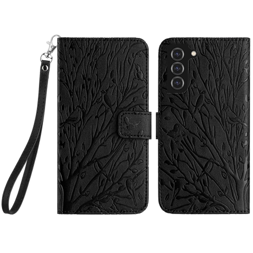 

For Samsung Galaxy S22+ 5G Tree Birds Embossed Pattern Leather Phone Case(Black)
