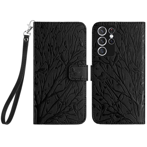

For Samsung Galaxy S21 Ultra 5G Tree Birds Embossed Pattern Leather Phone Case(Black)