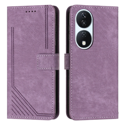 

For Honor X7b Skin Feel Stripe Pattern Leather Phone Case with Lanyard(Purple)