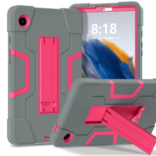 

For Samsung Galaxy Tab A9 Contrast Color Silicone PC Tablet Case with Holder(Grey + Rose Red)