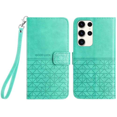 

For Samsung Galaxy S22 Ultra 5G Rhombic Texture Leather Phone Case with Lanyard(Green)