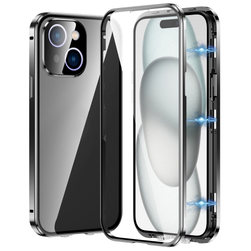 

For iPhone 15 Plus Magnetic Double-buckle HD Tempered Glass Phone Case(Black)