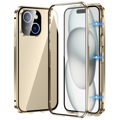 

For iPhone 15 Magnetic Double-buckle HD Tempered Glass Phone Case(Gold)
