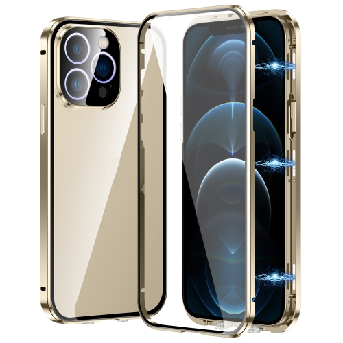 

For iPhone 12 Pro Max Magnetic Double-buckle HD Tempered Glass Phone Case(Gold)