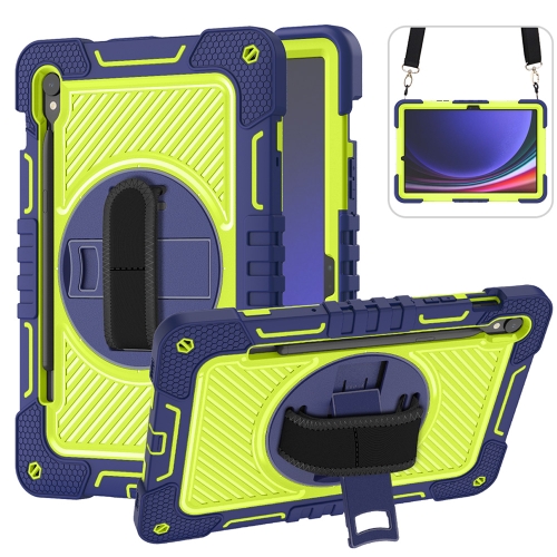 

For Samsung Galaxy Tab S9 360 Degree Rotation PC Contrast Silicone Tablet Case(Navy Blue + Yellow Green)