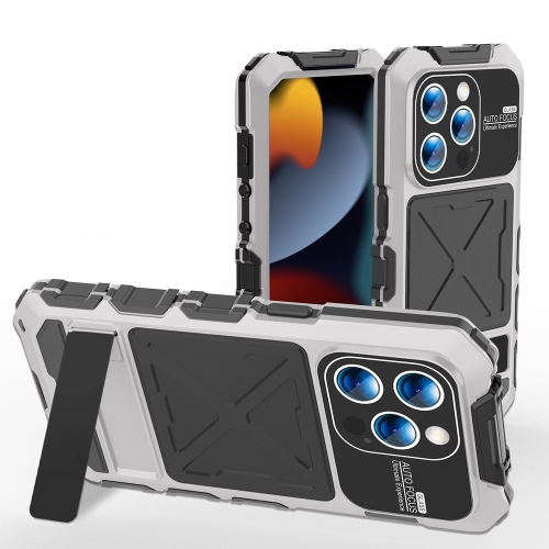 

For iPhone 15 Pro Max R-JUST Metal + Silicone + Tempered Glass Life Waterproof Phone Case with Holder(Silver)
