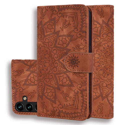 

For Samsung Galaxy A55 5G Mandala Embossed Dual-Fold Calf Leather Phone Case(Brown)