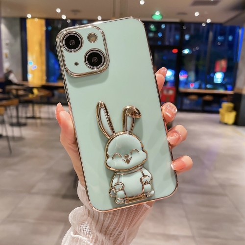 

For iPhone 15 Plus Plating Rabbit Holder Phone Case(Green)