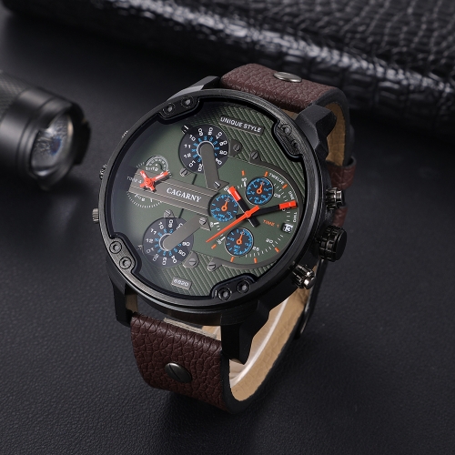 

CAGARNY 6820 Men Dual Movement Green Face Leather Strap Quartz Watch(Brown)