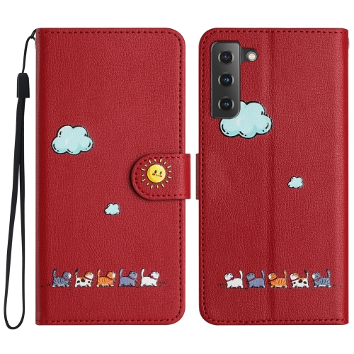 

For Samsung Galaxy S22 5G Cartoon Cats Leather Phone Case(Red)