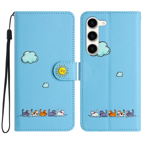 

For Samsung Galaxy S23 5G Cartoon Cats Leather Phone Case(Blue)
