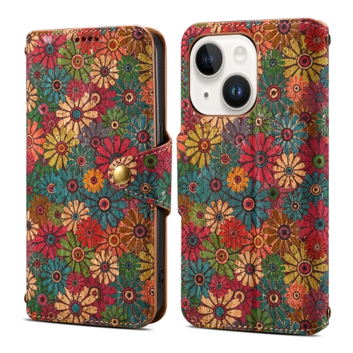 

For iPhone 14 Plus Denior Flower Language Series Cork Fabric Oil Edge Leather Phone Case(Spring)