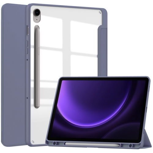 

For Samsung Galaxy Tab S9 FE Acrylic 3-folding Smart Leather Tablet Case with Pen Slot(Lavender)
