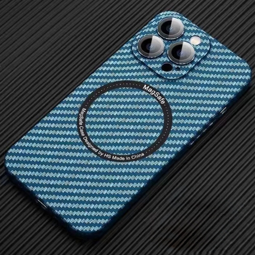 

For iPhone 12 Pro Max MagSafe Magnetic PC Carbon Fiber Phone Case with Lens Film(Blue)