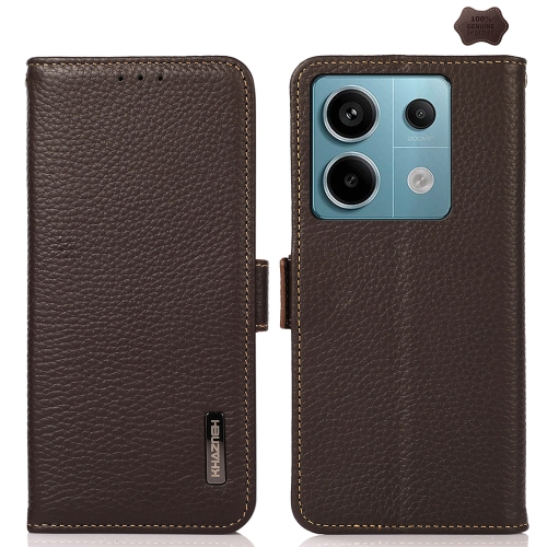 

For Xiaomi Redmi Note 13 KHAZNEH Side-Magnetic Litchi Genuine Leather RFID Phone Case(Brown)