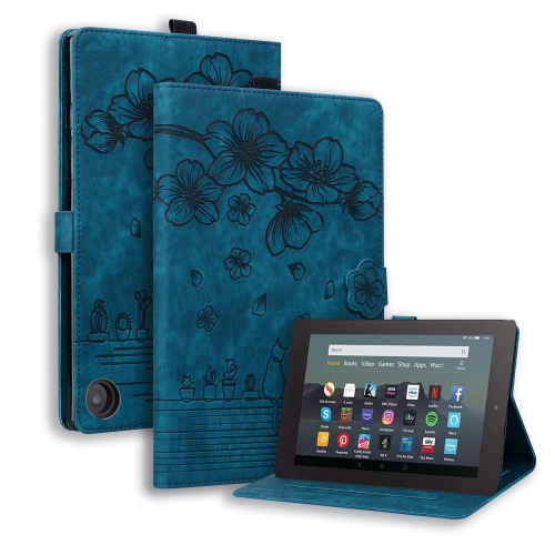 

For Amazon Fire HD10 /HD10 Plus 2021 Cartoon Sakura Cat Embossed Smart Leather Tablet Case(Blue)