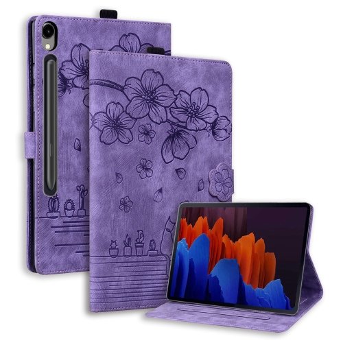 

For Samsung Galaxy Tab S9 FE+ Cartoon Sakura Cat Embossed Leather Tablet Case(Purple)