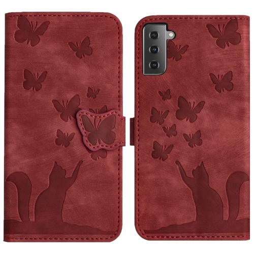 

For Samsung Galaxy S22 5G Butterfly Cat Embossing Flip Leather Phone Case(Red)