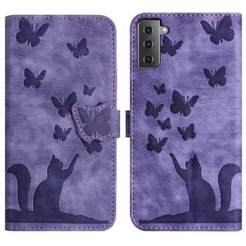 

For Samsung Galaxy S22+ 5G Butterfly Cat Embossing Flip Leather Phone Case(Purple)